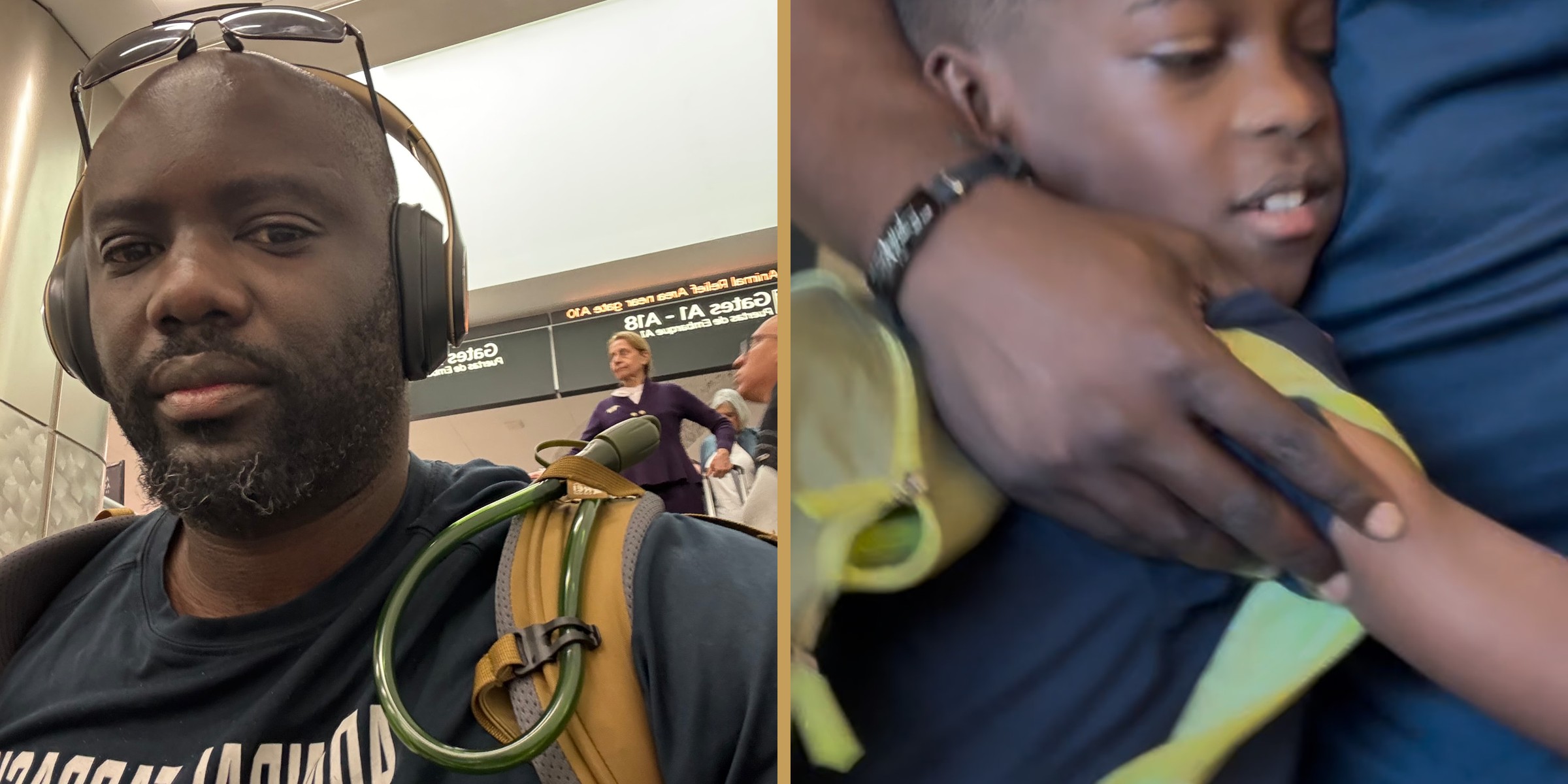 Brown Charité with his pack at the airport, and holding his son close before departing