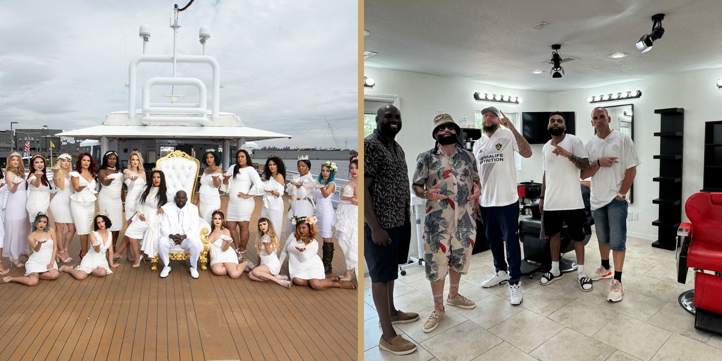 Brown Charité leading his beauty enterprise — team photoshoot aboard a yacht and with his barbershop crew