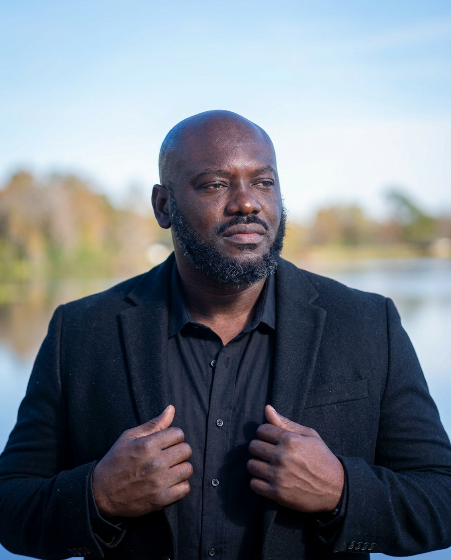 Brown Charité in a dark blazer beside the water, in a focused one-to-one setting